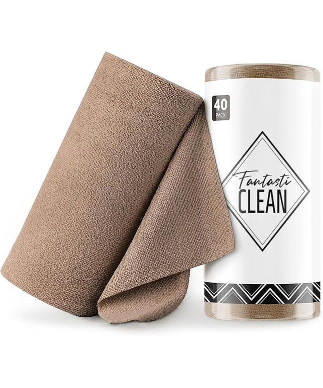 Fantasticlean Microfiber Cleaning Cloth Roll -40 Pack, Tear Away Microfiber Towels, 12" x 12", Reusable, Washable, Scratch Free, Ultra Absorbent for All-Around Cleaning Supplies (TAN)