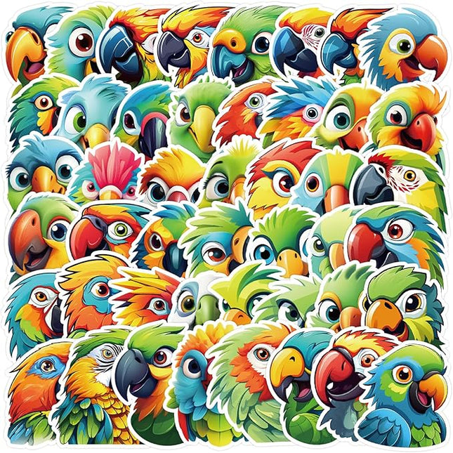 50 Pcs Colourful Parrot Stickers Pack for Kids Teens Adults, Cute Parrot Waterproof Vinyl Stickers for Laptop Phone Case Guitar Skateboard Helmet Bike Car