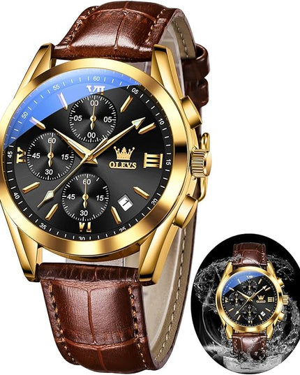 OLEVS Leather Chronograph Watch Men - Leather Strap (Brown/Black), Work Luminous Waterproof Analog Quartz Dress Wrist Watch with Blue/Black/Brown/White Dial