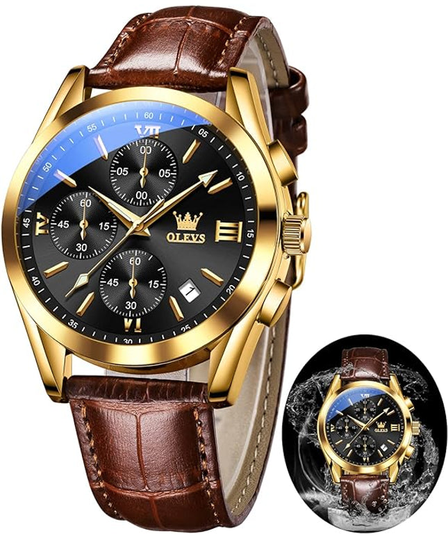 OLEVS Leather Chronograph Watch Men - Leather Strap (Brown/Black), Work Luminous Waterproof Analog Quartz Dress Wrist Watch with Blue/Black/Brown/White Dial