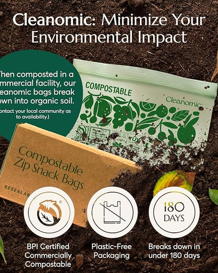 Cleanomic Compostable* Snack Size Food Storage Bags (50 Eco Zip) Freezer and Leak Proof, Also Available Gallon, Quart and Sandwich Size Bags
