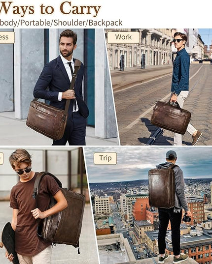 Faux Leather Messenger Bag for Men 17-17.3 Inch: Convertible 3 in 1 Backpack Laptop Bag Briefcase Computer Handbags Shoulder Crossbody Bag with Padded Laptop Sleeve for Work College Travel, PU Coffee