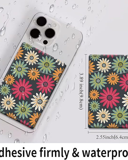 Phone Card Holder, Dual Pocket Leather Wallet Adhesive Stick On, Cute Credit Card Holder for Smartphones Case Compatible with Most Phone（Red flowers）