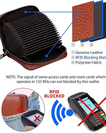Linno RFID 20 Slots Credit Card Holder Genuine Leather Small Wallet for Women or Men with Zipper