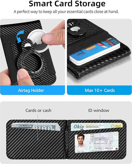 For Magsafe Wallet Stand with Airtag Holder, Strongest Magnetic Wallet for iPhone 17/16/15/14/13/12 Series, ID Window, 4 Card Slots, 10 Cards Holder, Vegan Leather, RFID Blocking, Black Carbon Fiber