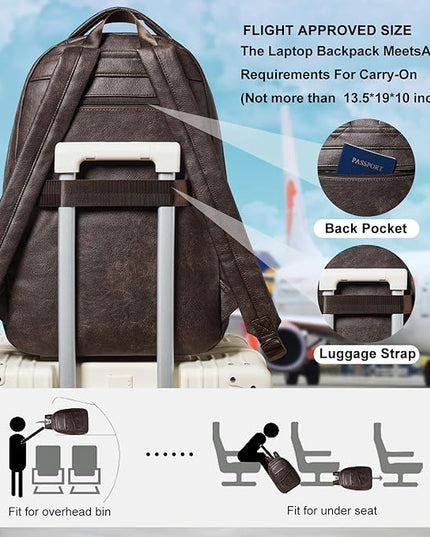 43L Backpack for Women Men - Vegan Leather Backpack Purse Travel Carry-on Bag College Bookbag Work fits 17" Laptop, Coffee