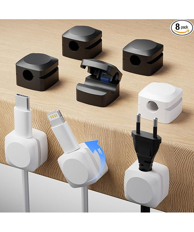 Rotatable Cord Organizer, Enhanced Spring Cable Clips, Strong Adhesive Cable Management, Desk Cord Holder for Nightstand, Office Accessories and Car (4 White + 4 Black)