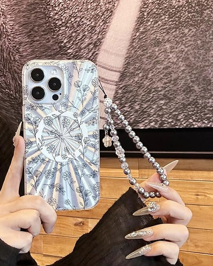 Compatible with iPhone 16 Pro Cases,Cute Flower Phone case with Floral Pearl Chain,Compatible MagSafe Silicone Shockproof Phone case for Women and Teenage Girls.