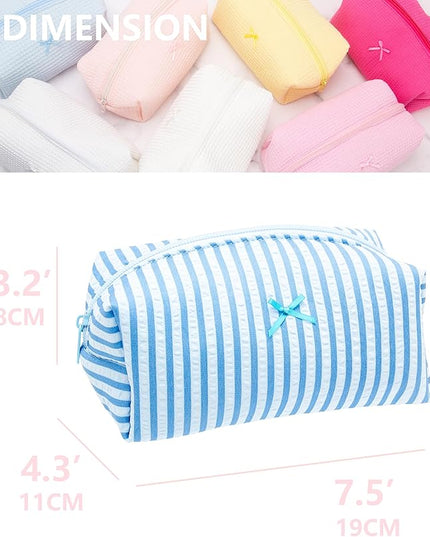 PAZIMIIK Cozy Makeup Bag Small Aesthetic Travel Zipper Cosmetic Pouch for Women Make Up Beauty Accessories Brushes, Stripe Lake Blue