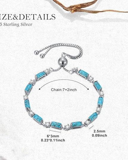Genuine Turquoise Tennis Bracelet 925 Sterling Silver Adjustable Slider Bracelet Boho Jewelry Gifts for Women