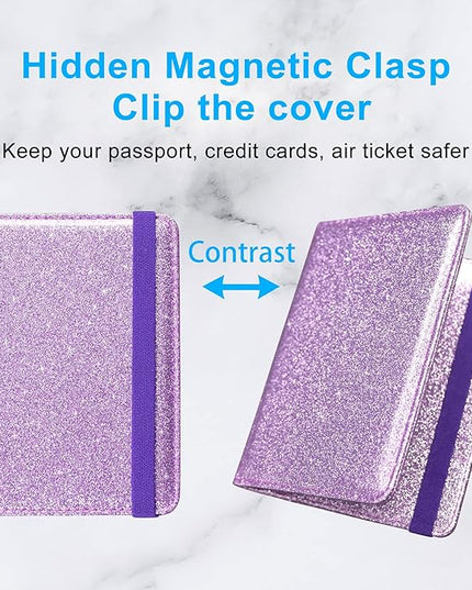 ACdream Passport Holder Cover, Leather Travel Wallet Case, RFID Blocking Document Organizer Protecrtor, with Slots for Credit Cards, Boarding Pass, for Women and Men, Glitter Purple