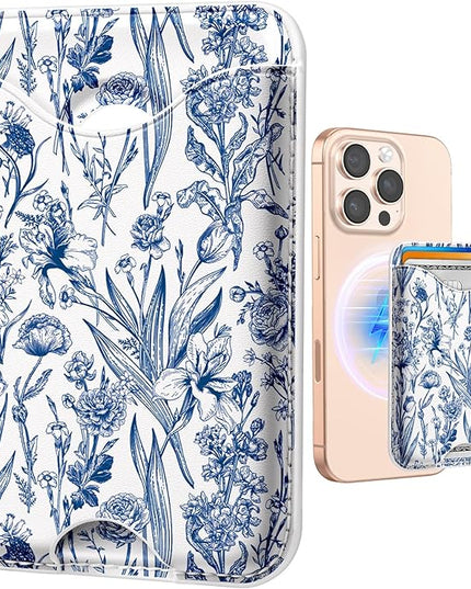 Shorogyt Compatible with Magsafe Wallet Magnetic Card Holder - Blue Flower Phone Wallets for Women Teen Girls Cute for iPhone 17/16/15/14/13/12 Series Slim for Apple Mag RFID Magnet, Fit 3 Cards