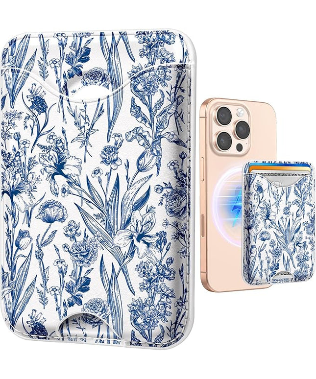 Shorogyt Compatible with Magsafe Wallet Magnetic Card Holder - Blue Flower Phone Wallets for Women Teen Girls Cute for iPhone 17/16/15/14/13/12 Series Slim for Apple Mag RFID Magnet, Fit 3 Cards