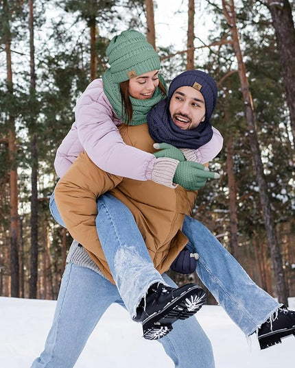 Winter Beanie Hat Scarf Gloves, Warm Fleece Knit Hats Touch Screen Gloves Neck Scarf Set Winter Gifts for Unisex Adult