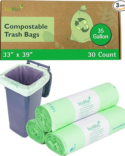bioMat 35 Gallon Compostable Trash Bags, 30 Count, Biodegradable Kitchen Food Scrap Waste Bags, BPI ASTM D6400 and CMA Certified, Tall Kitchen Compost bags for Food Waste
