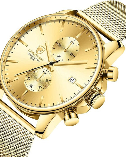 GOLDEN HOUR Mens Watch Fashion Sleek Minimalist Quartz Analog Mesh Stainless Steel Waterproof Chronograph Watches for Men with Auto Date