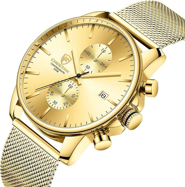 GOLDEN HOUR Mens Watch Fashion Sleek Minimalist Quartz Analog Mesh Stainless Steel Waterproof Chronograph Watches for Men with Auto Date
