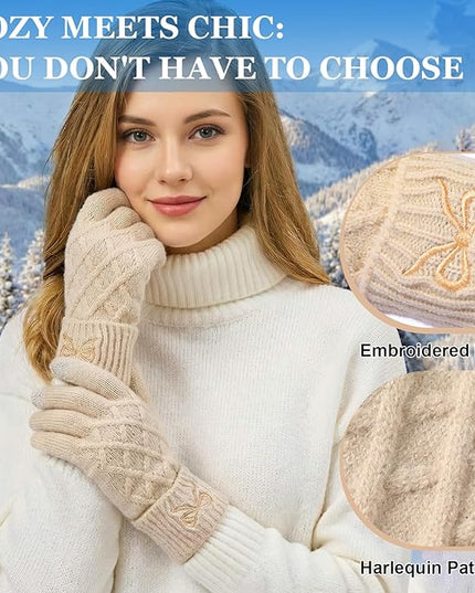 Liitrsh Women Winter Gloves with Embroidery Bow Touchscreen Warm Elastic Knit Lining Gloves for Cold Weather Gift
