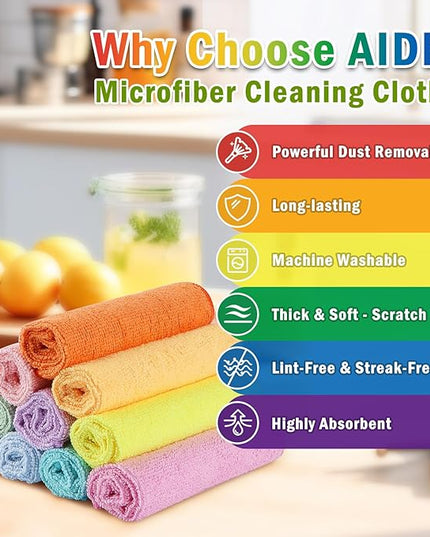 AIDEA Microfiber Cleaning Cloth, 10PK, Colorful Lint-Free Vibrant Cleaning Rags, Microfiber Towels for Cars, Kitchen Cloth, Dusting Cloth for Home, Window, Cleaning Supplies, 11.5"×11.5"