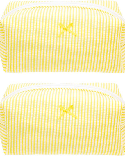 PAZIMIIK 2PCS Cozy Makeup Bag Small Aesthetic Travel Zipper Cosmetic Pouch for Women Make Up Beauty Accessories Brushes, Stripe Yellow