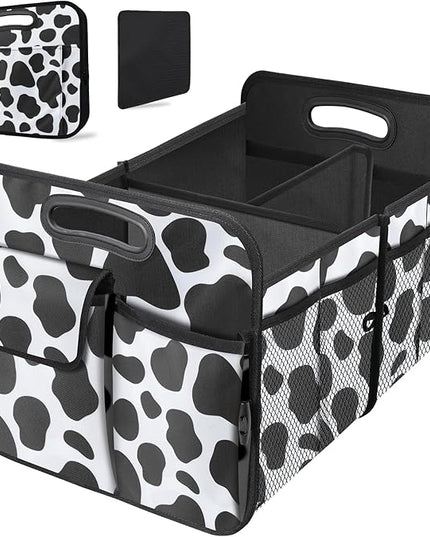 Trunk Organizer for Car, 72L Collapsible Waterproof Car Organizers and Storage, Car Accessories for Women and Men, Multi-Compartment Storage Organizer for SUV, Cow Print