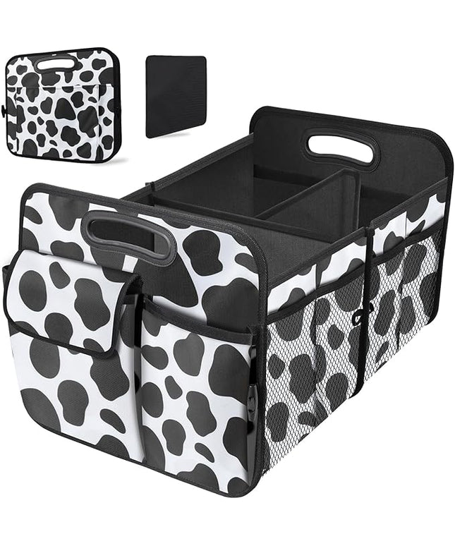 Trunk Organizer for Car, 72L Collapsible Waterproof Car Organizers and Storage, Car Accessories for Women and Men, Multi-Compartment Storage Organizer for SUV, Cow Print