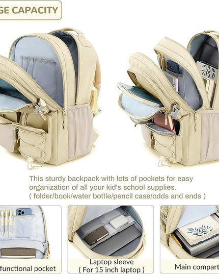 Lohol Water Resistant Backpack with Mulitiple Pockets for Travel Outdoor College, 15.6 inch Laptop Bookbag for Girl and Women (Beige)