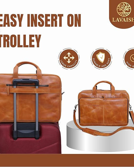Handmade Full-Grain Leather Briefcase for Men & Women–17" Laptop Bag with Computer Compartment Office Satchel Bag