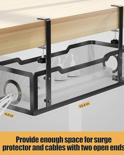 2 Pack Under Desk Cable Management Box Black, Cinati 26.8" Wire Organizers No Drill, Cord Organization Tray with Clamp for Office, Home - No Damage to Desk