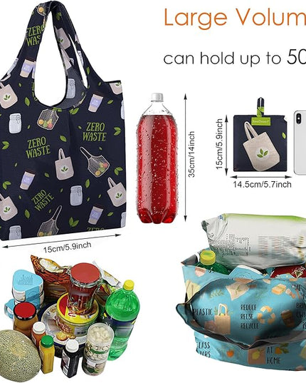 BeeGreen Print Reusable Shopping Bags 6 Pack - Heavy Duty Washable and Foldable Polyester Shopping Bag for Women, Reusable Gift Grocery Totes Market Tote Bag with Handles for Travel Holiday