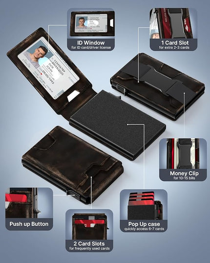 typecase Smart Wallet Card Holder for Men: Pop Up Card Case, Full Grain Leather, RFID Blocking, Slim, Minimalist, Thin, Front Pocket - 13 Card Capacitiy, ID Window, Cash Strap (‎‏‏‎ Burnished Black)