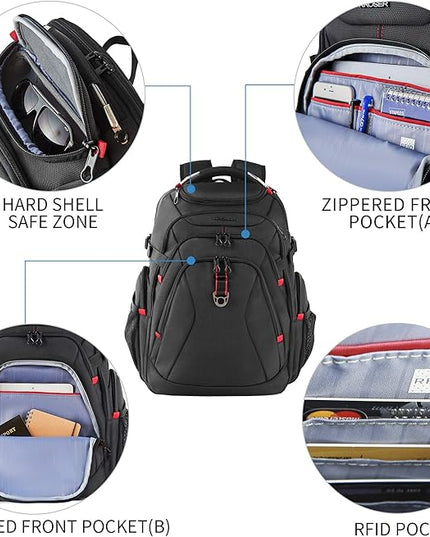 KROSER Travel Laptop Backpack 17.3 Inch XL Computer Backpack with Hard Shell Saferoom RFID Pockets Water-Repellent Business College Daypack Stylish Bag for Men/Women-Black