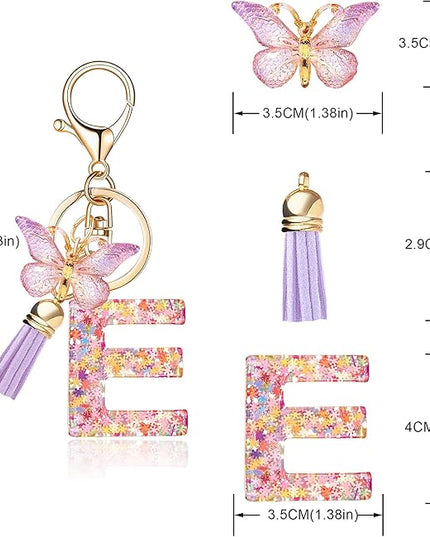 Fashion Alphabet Initial Letter Keychain Tassel Butterfly Pendant Key Ring for Purse Handbags Women Girl