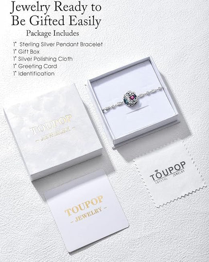 TOUPOP Tree of Life Birthstone Bracelet 925 Sterling Silver Family Tree Austrian Crystal Jewelry Anniversary Birthday Christmas Gifts for Women Wife Girlfriend Her