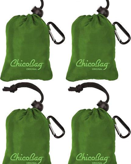 ChicoBag Original Compact Reusable Grocery Bag w/Attached Pouch and Carabiner Clip | Perfect for Shopping, Travel, Organization | Eco-Conscious Packable Tote | Pale Green (Pack of 4)