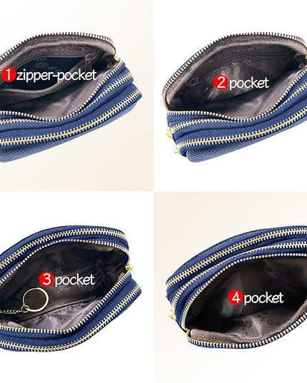 LINNO 3 Zippered Genuine Leather Coin Purse Triple Capacity Change Pouch Little Travel Wallet With Key Ring for Women