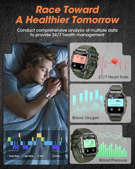 Military Smart Watches for Men (Answer/Make Calls), Waterproof Rugged Fitness Tracker with Blood Pressure/Heart Rate/SpO2/Sleep, Bluetooth Tactical Smart Watch for Android and iPhone, Military Green