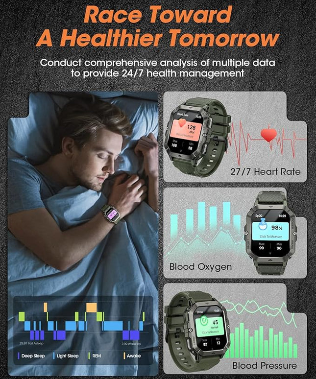 Military Smart Watches for Men (Answer/Make Calls), Waterproof Rugged Fitness Tracker with Blood Pressure/Heart Rate/SpO2/Sleep, Bluetooth Tactical Smart Watch for Android and iPhone, Military Green