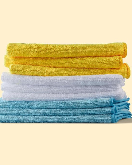 Amazon Basics Microfiber Cleaning Cloths for Cars, Non-Abrasive, Highly Absorbent, Lint and Scratch-Free, Reusable and Washable, Car Detailing Towels, 16" x 12", Blue/White/Yellow, 144-Pack