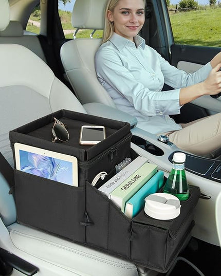 COOLBEBE Car Seat Organizer, Backseat Car Organizer with Cup Holders for Kids and Adults Travel, Cooler Compartment Passenger Seat Organizer Storage Box for Front or Middle Seat, Black