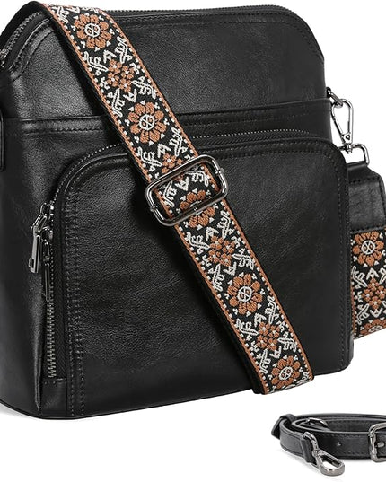 Iswee Leather Crossbody Bags for Women Multi Pockets Medium Shoulder Bag Lightweight Functional Travel Purse
