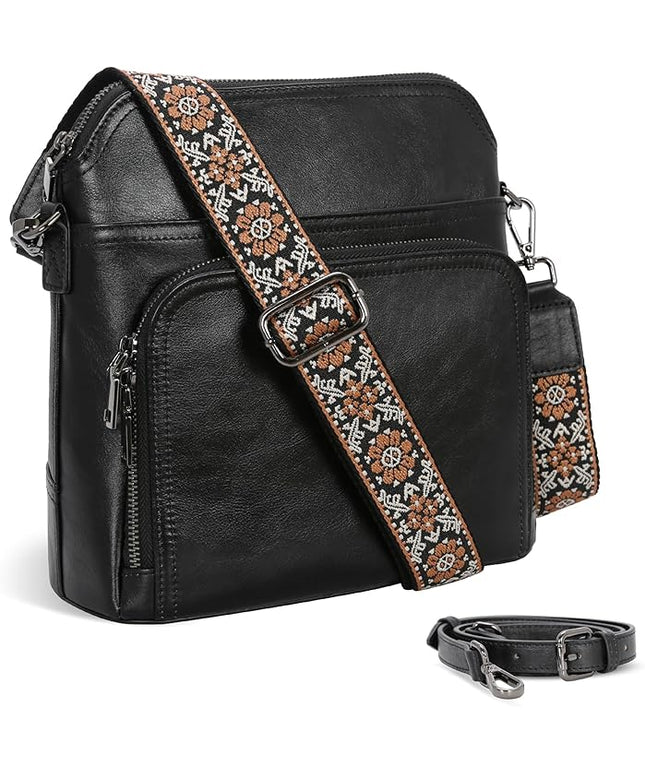 Iswee Leather Crossbody Bags for Women Multi Pockets Medium Shoulder Bag Lightweight Functional Travel Purse
