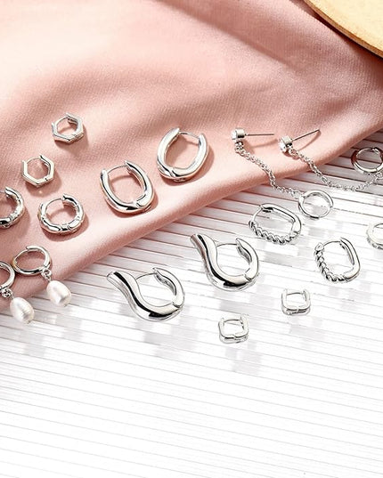 9 Pairs Gold Chunky Hoop Earrings Set for Women, 14K Gold Plated Twisted Huggie Hoop Earring Hypoallergenic, Lightweight Thick Open Hoops Earrings Jewelry Gifts.