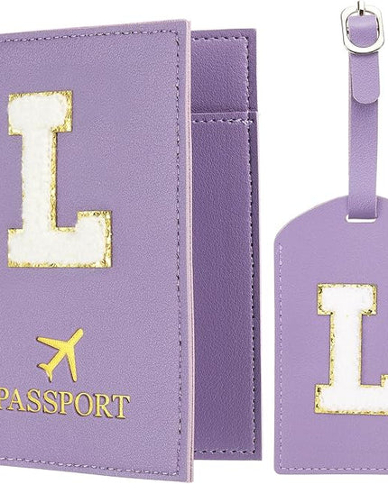 PATIKIL Passport Holder for Travel, Initial Passport Cover and Luggage Tag Set with Alphabet Chenille Letter Patch Travel Wallet Bag Suitcase Identifier for Women Family Travel Purple L