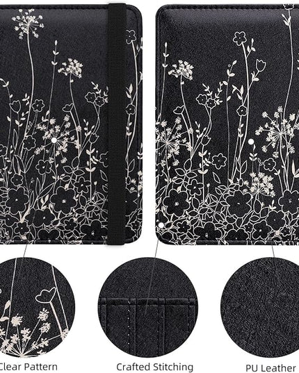 WALNEW Passport Holder for Travel, RFID Passport Cover Wallet for Women Men, PU Leather Passport Book Card Holder Case with Pen (Elastic Band Closure, D-Black Flowers)