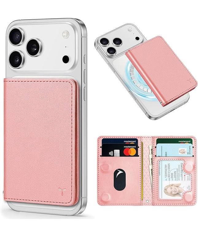 TUCCH for Magsafe Wallet, 6 Card Holders with [ID Window] [RFID Blocking] for iPhone 17/16/15/14/13/12/Pro/Pro Max/Air/Plus Series, PU Leather Magnetic Card Wallet for Men Women, Rose Gold