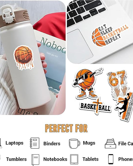 12PCS Basketball Stickers for Boys Girls Kids, Basketball Stickers for Water Bottles, Scrapbook, Poster Board, Basketball Vinyl Stickers Waterproof Favors for Party