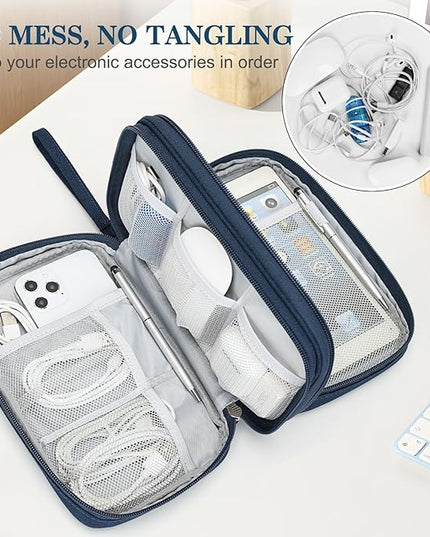 FYY Electronic Organizer, Large Travel Cable Organizer Bag Pouch Electronic Accessories Carry Case Portable Waterproof Double Layers All-in-One Storage Bag for Cable, Cord, Charger, Phone, Navy