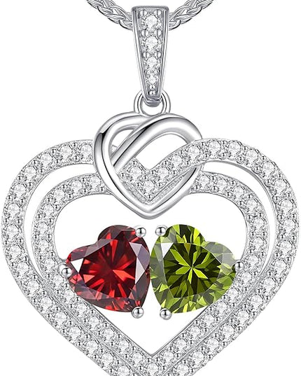 LOUISA SECRET Sparkling Double Heart Birthstone Necklaces for Women, 925 Sterling Silver Fine Jewelry, Pendant Heart Necklaces Birthday Anniversary Christmas Gift for Women Wife Mom Girlfriend Lady