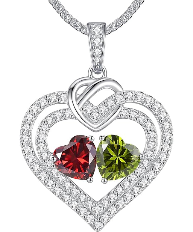 LOUISA SECRET Sparkling Double Heart Birthstone Necklaces for Women, 925 Sterling Silver Fine Jewelry, Pendant Heart Necklaces Birthday Anniversary Christmas Gift for Women Wife Mom Girlfriend Lady